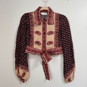 Zimmermann Jaya Linen Printed Tie-Front Button-Down Long Sleeve Top